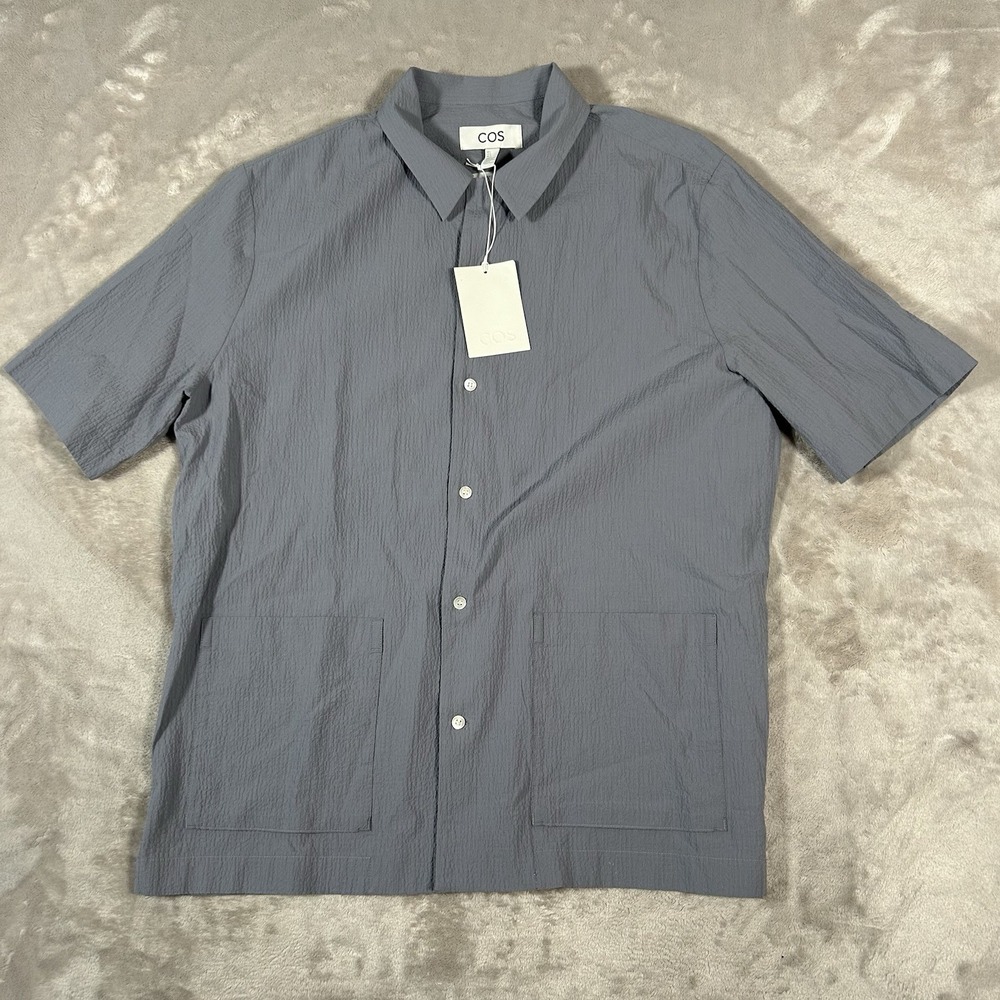 COS Mens Utility Shirt L Gray Short Sleeve Button Up Camp Collar Relaxed Fit NEW